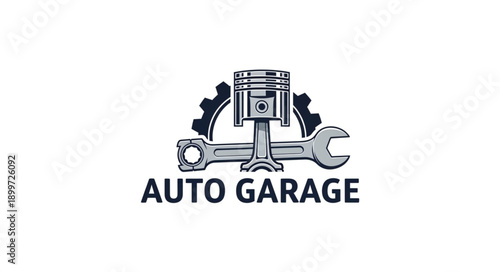 Auto Garage Logo with Piston Wrench and Gear.