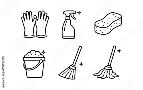 Set of simple line art icons representing cleaning supplies and tools for household chores