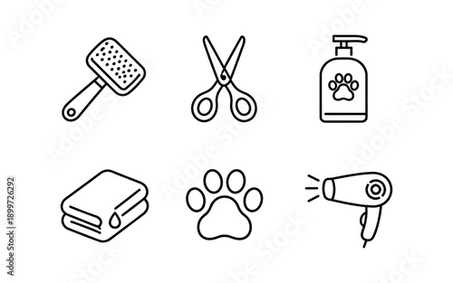 Collection of pet grooming tools and supplies, including a brush, scissors, shampoo, towel, paw print, and dryer