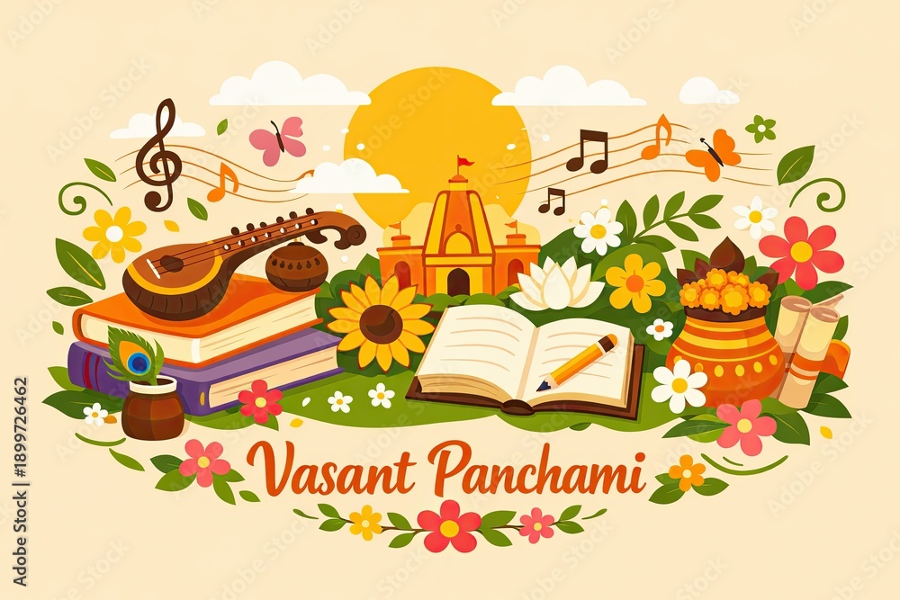 Naklejka premium Colorful cartoon Vasant Panchami illustration with veena, books, temple, flowers, and festive elements