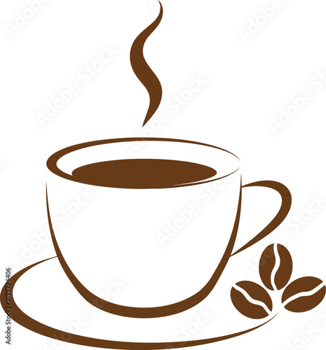 Steaming cup of coffee with coffee beans on saucer