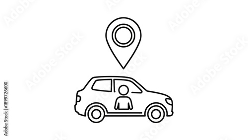 Outline icon showing car with driver and navigation location pin