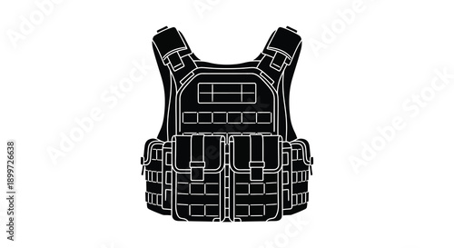 A detailed black silhouette of a tactical vest showing plate carrier features on transparent background high quality professional modern elegant stylish