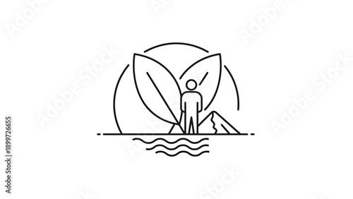 Person surrounded by nature with leaves, water, and mountains