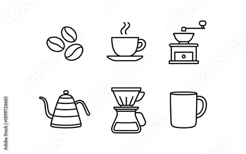 Collection of line art icons representing coffee brewing equipment and beans
