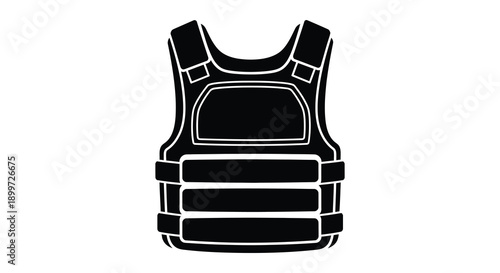 A stark black silhouette of a tactical vest detailed with pockets and straps ideal for design work on transparent background