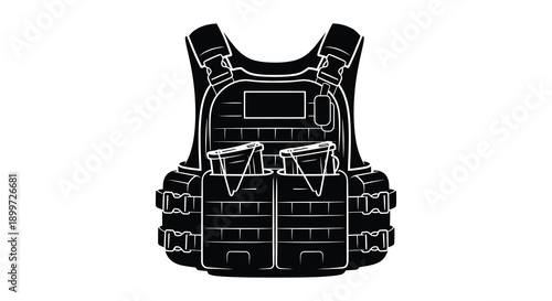A detailed black silhouette of a tactical vest featuring pouches and straps ideal for design work on transparent background high quality