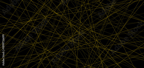 Random modern asymmetric gold linear backdrop with abstract geometric pattern on black background. Chaotic straight lines and fine golden lattice mesh