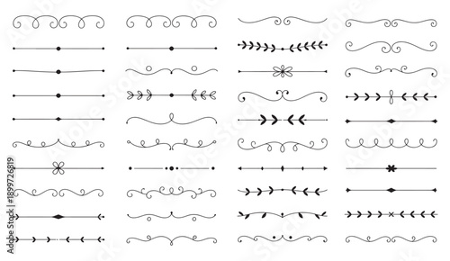 Decorative line borders, elegant design elements. Vector set of ornate patterns for invitations, certificates, documents. Vintage, swirls, flourishes. Black on white, intricate, detailed 