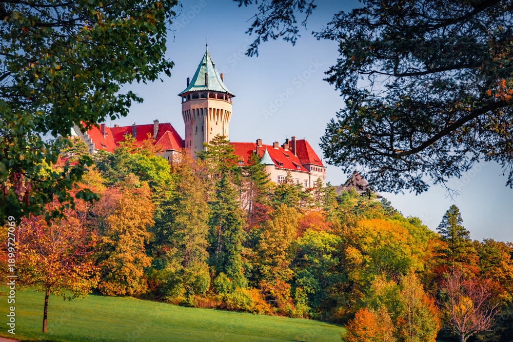 Fototapeta premium Stunning morning view of Smolenicky castle. Splendid autumn cityscape of Smolenice village, municipality of Trnava District, Slovakia, Europe. Traveling concept background.