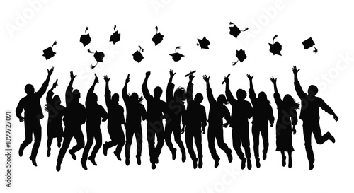 A jubilant group of graduates celebrates with caps thrown in the air depicted in a striking silhouette on transparent background