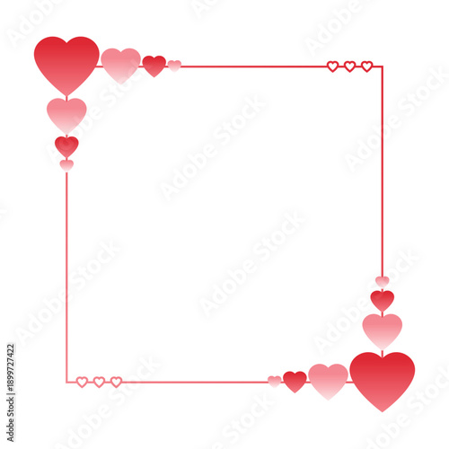 A decorative red heart-shaped frame with hanging hearts on a minimalist background from a straightforward viewpoint