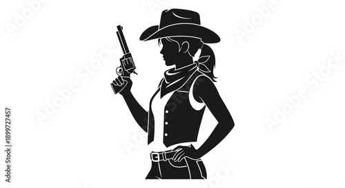 A striking black silhouette of a cowgirl holding a revolver depicted in profile on transparent background high quality professional detailed modern