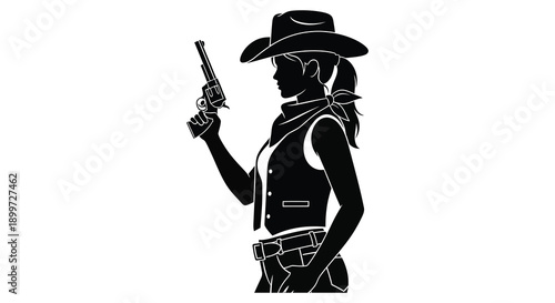 A striking black silhouette of a cowgirl holding a revolver showcasing western style on transparent background high quality professional detailed modern