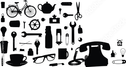 Black silhouette vintage everyday objects set, bicycle rotary phone tools isolated on white background collection