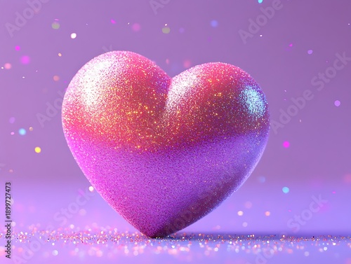 Glittery 3 D pink heart on purple background with sparkles