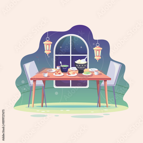 Cozy evening dining scene with a beautifully set table, offering a delicious meal under the starlit night sky, perfect for a special family gathering or celebration