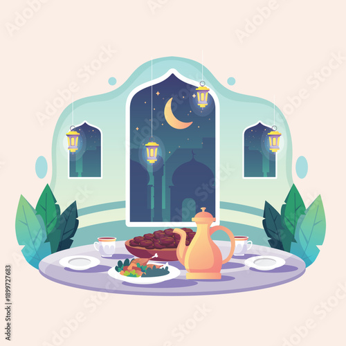 Beautiful Vector Illustration of a Special Evening Meal Featuring Traditional Dates and Beverages on a Table, Illuminated by Hanging Lanterns Against a Tranquil Moonlit Cityscape