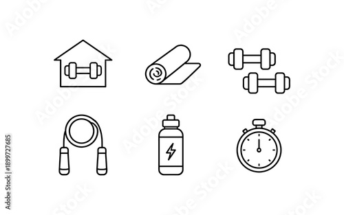 Collection of simple line art icons representing fitness and exercise equipment for a healthy lifestyle