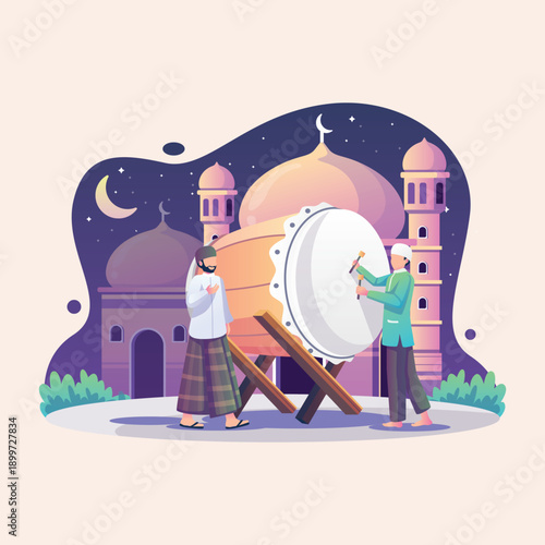 Muslim men celebrate a religious festival, playing a traditional drum outside a beautifully lit mosque under a crescent moon, symbolizing community and cultural festivity