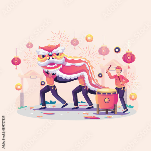 Traditional Chinese New Year celebration showcasing a magnificent lion dance, energetic drummers, colorful lanterns, and festive firecrackers, symbolizing prosperity and good fortune