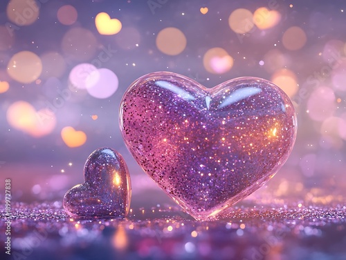 Pink glitter heart shapes on purple background with bokeh lights sparkle