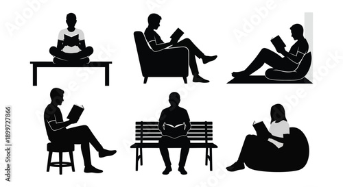 A collection of black silhouettes depicting people reading in various relaxed positions on transparent background high quality professional detailed modern elegant