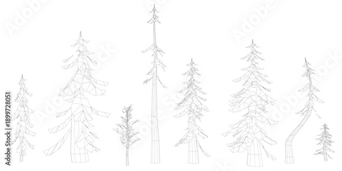 Detailed line drawing of various tree types including spruce with fine needles. Each unique wireframe sketch features delicate branches in light to dark green shades on a stark white background.