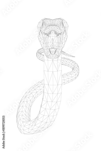 A detailed black and white cobra drawing on a white background features an alert expression and flicking tongue. The intricate scales and head are rendered with precise wireframe-like detail.