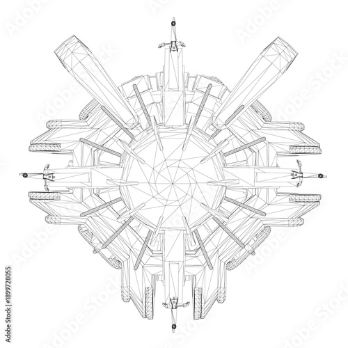 A sleek futuristic spaceship wireframe drawing features a central star core, set against a clean white background. The intricate black and white design highlights advanced technology concepts.