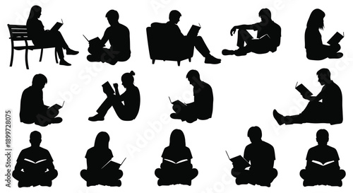 Diverse collection of people reading in various relaxed poses ideal for design projects on transparent background silhouette high quality professional detailed
