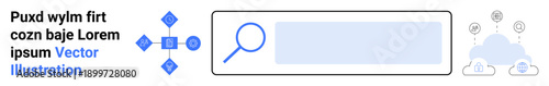 Web navigation, cloud storage, online search, digital tools, data sharing, user interfaces. Search bar with magnifying glass, cloud icons and directional symbols. Online search and web navigation