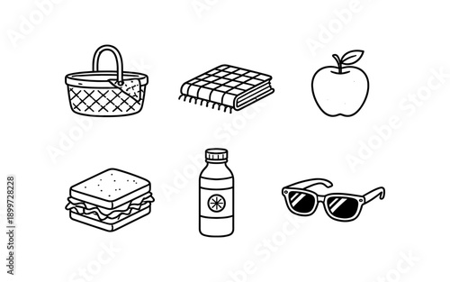 Collection of hand-drawn picnic essentials including a basket, blanket, apple, sandwich, drink, and sunglasses