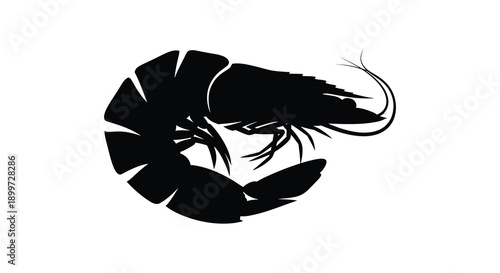 A striking black shrimp illustration in a dynamic pose ideal for seafood branding on transparent background silhouette high quality professional detailed