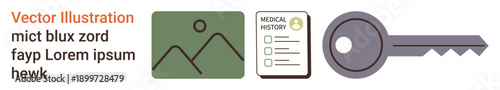Data security, health records, user access, identity protection, health documentation, database management. Image placeholder, medical record and key symbol. Data security and health records visual