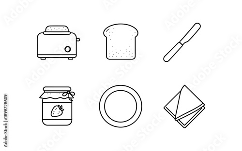 Simple line art icons for breakfast: toaster, bread, jam, knife, plate, and napkin