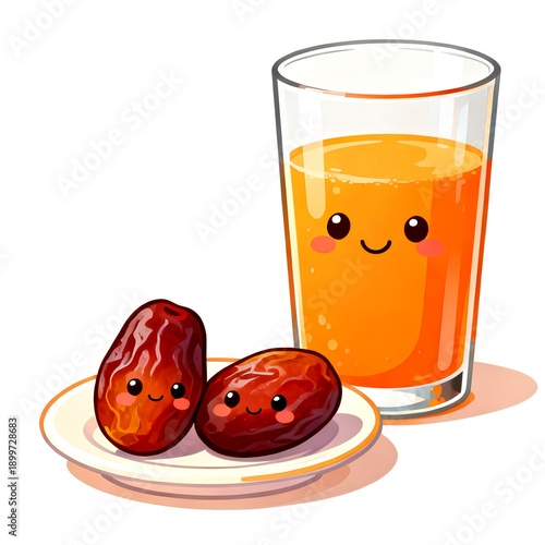 An adorable cartoon illustration featuring two smiling dates on a white plate next to a refreshing glass of orange juice. Perfect for healthy food and drink concepts, sweet snacks, and breakfast theme