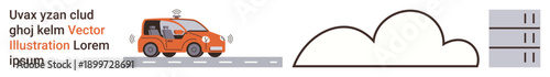 Autonomous technology, cloud computing, data storage, IoT systems, transportation innovation, connectivity. Self-driving car linked to cloud symbol and server units. Autonomous technology and cloud