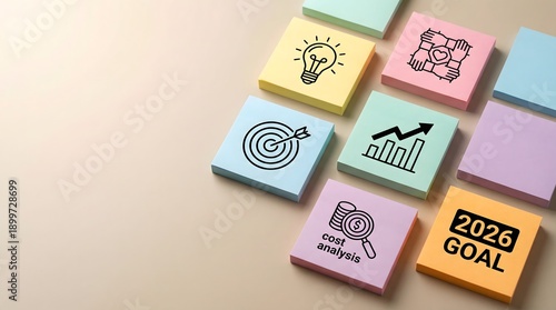 colorful sticky notes with business goals and strategy icons