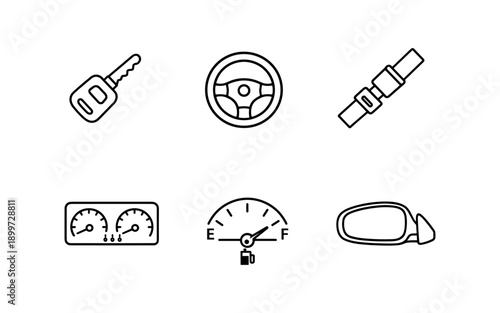 Collection of car interior and exterior icons: key, steering wheel, seatbelt, gauges, fuel, mirror