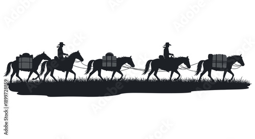 A striking depiction of cowboys on horseback traversing a grassy plain rendered in bold black silhouette on transparent background high quality