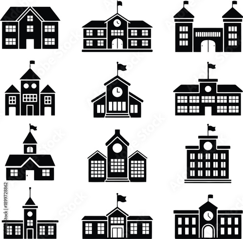 Various school buildings and educational institutions in black silhouette