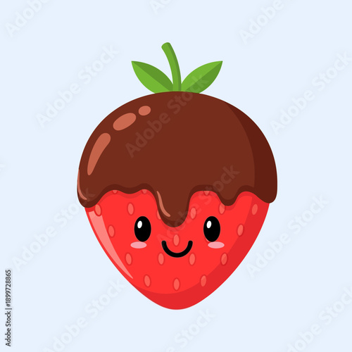 A cartoon strawberry with a chocolate dipped top and a smiling face is shown in a cute illustration.