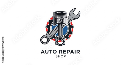 Auto Repair Shop Emblem with Piston and Wrench.