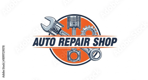 Auto Repair Shop Emblem with Tools and Engine Parts.