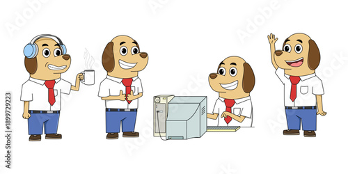 Set of cartoon dogs dressed as office workers performing daily tasks like drinking coffee, listening to music, working at a computer, and greeting, isolated on white background.