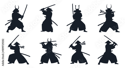 A collection of eight black samurai warrior silhouettes in dynamic poses on transparent background high quality professional detailed modern elegant stylish