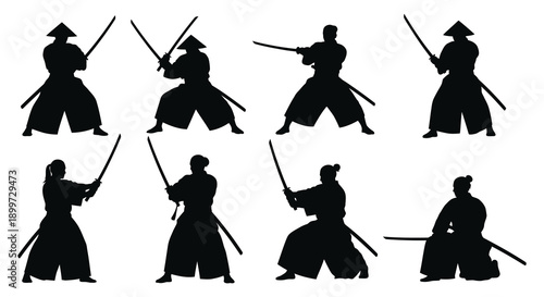 A collection of eight black silhouettes depicting samurai warriors with swords ideal for design projects on transparent background high quality professional