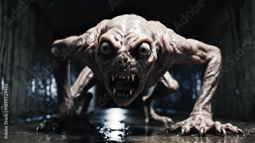 Terrifying monster creature crawling in a dark, wet tunnel. Scary horror scene with a jump scare as it lunges with sharp fangs. Underground nightmare concept