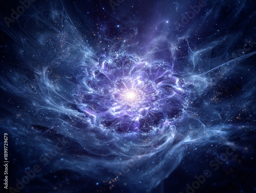 Vibrant cosmic explosion with swirling purple and blue nebula